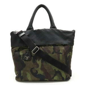 Prada Tote Tessuto Saffiano Bag Shoulder Reversible NERO Black Camouflage